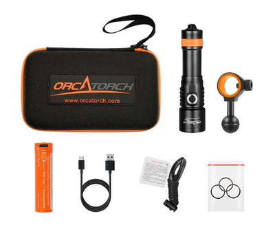 OrcaTorch D530V kit laid out with its carry case, ball mount, 18650 cell, cable and spare O-rings