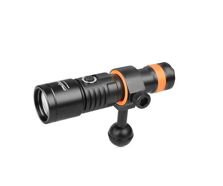 OrcaTorch D530V video light, angled front view showing the orange rings
