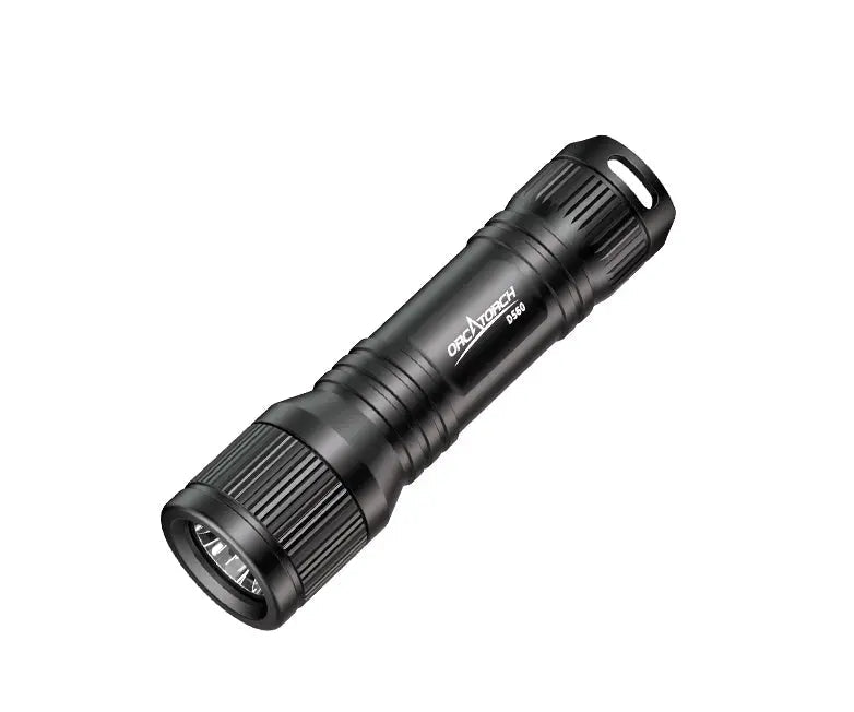 OrcaTorch D560 mini dive light in black, full side view