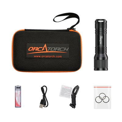 OrcaTorch D560 kit laid out with its carry case, 14500 cell, charging cable and spare O-rings
