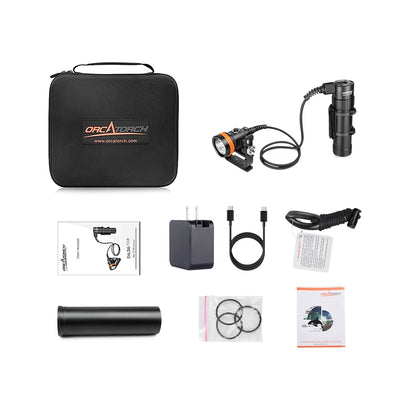 OrcaTorch D630 V2.0 kit laid out with its case, canister, charger, cables and spare O-rings