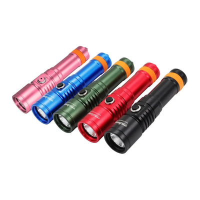 OrcaTorch D710 dive torches shown in the pink, blue, green, red and black finishes