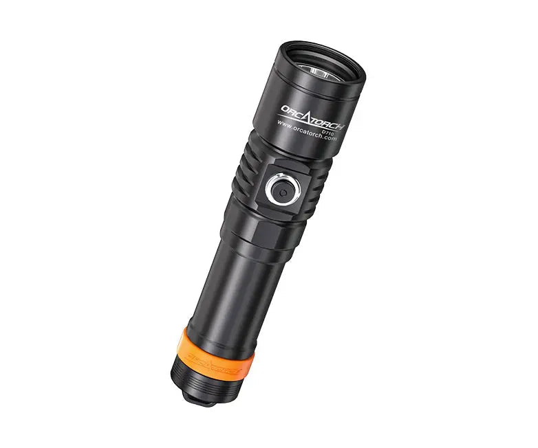 OrcaTorch D710 dive torch standing at an angle, showing the body and tail