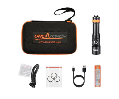 OrcaTorch D710 kit laid out with its carry case, 21700 cell, USB-C cable and spare O-rings