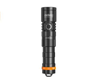 OrcaTorch DC710 standing upright, front view of the reflector