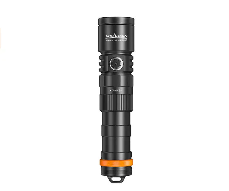 OrcaTorch DC710 standing upright, front view of the reflector