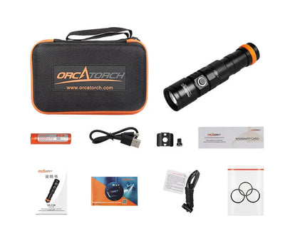 OrcaTorch DC710 kit laid out with its case, cell, USB-C cable and spare O-rings