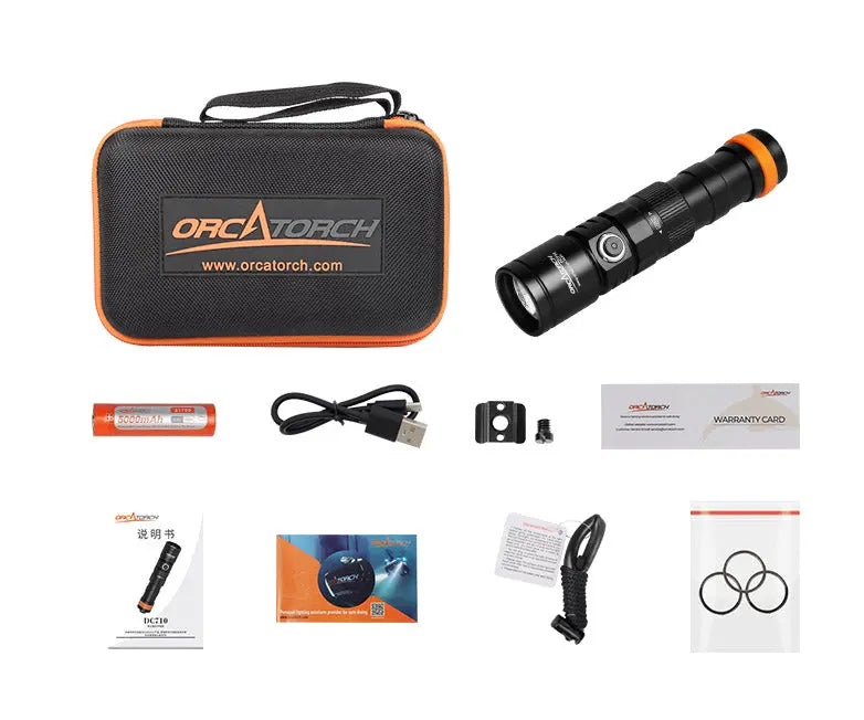 OrcaTorch DC710 kit laid out with its case, cell, USB-C cable and spare O-rings