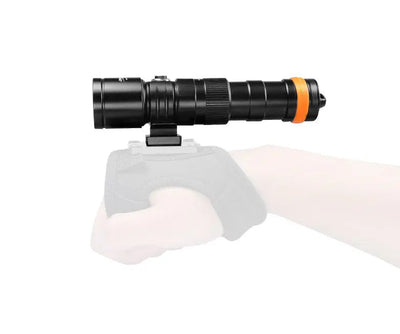 OrcaTorch DC710 shown held in a hand, indicating its size