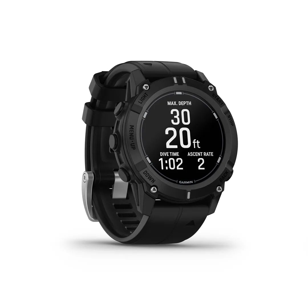 Garmin Descent G2 dive computer in black, front-right view showing dive time and ascent rate