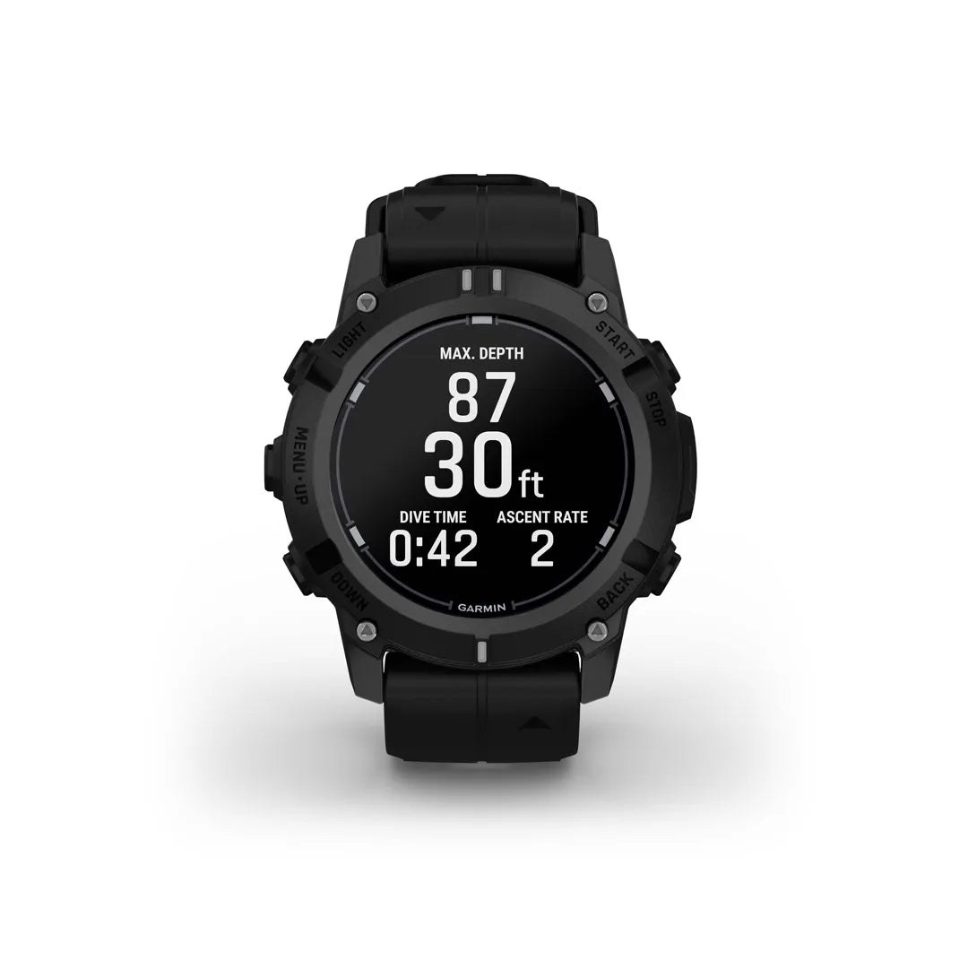Garmin Descent G2 dive computer in black with a black silicone band, front view showing the in-dive depth screen