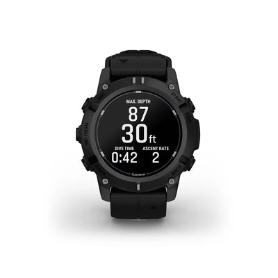 Garmin Descent G2 dive computer in black with a black silicone band, front view showing the in-dive depth screen