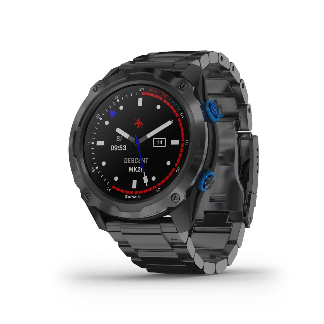 Garmin Descent Mk2i on a DLC titanium bracelet showing the dive compass screen