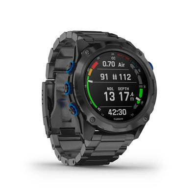 Garmin Descent Mk2i on a titanium bracelet showing a closed-circuit rebreather data screen