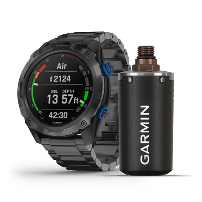 Garmin Descent Mk2i dive computer on a DLC titanium bracelet beside a Descent T1 transmitter