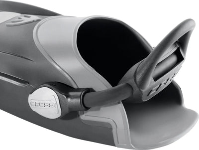 EBS bungee strap fitted to the foot pocket of a grey Cressi Reaction fin