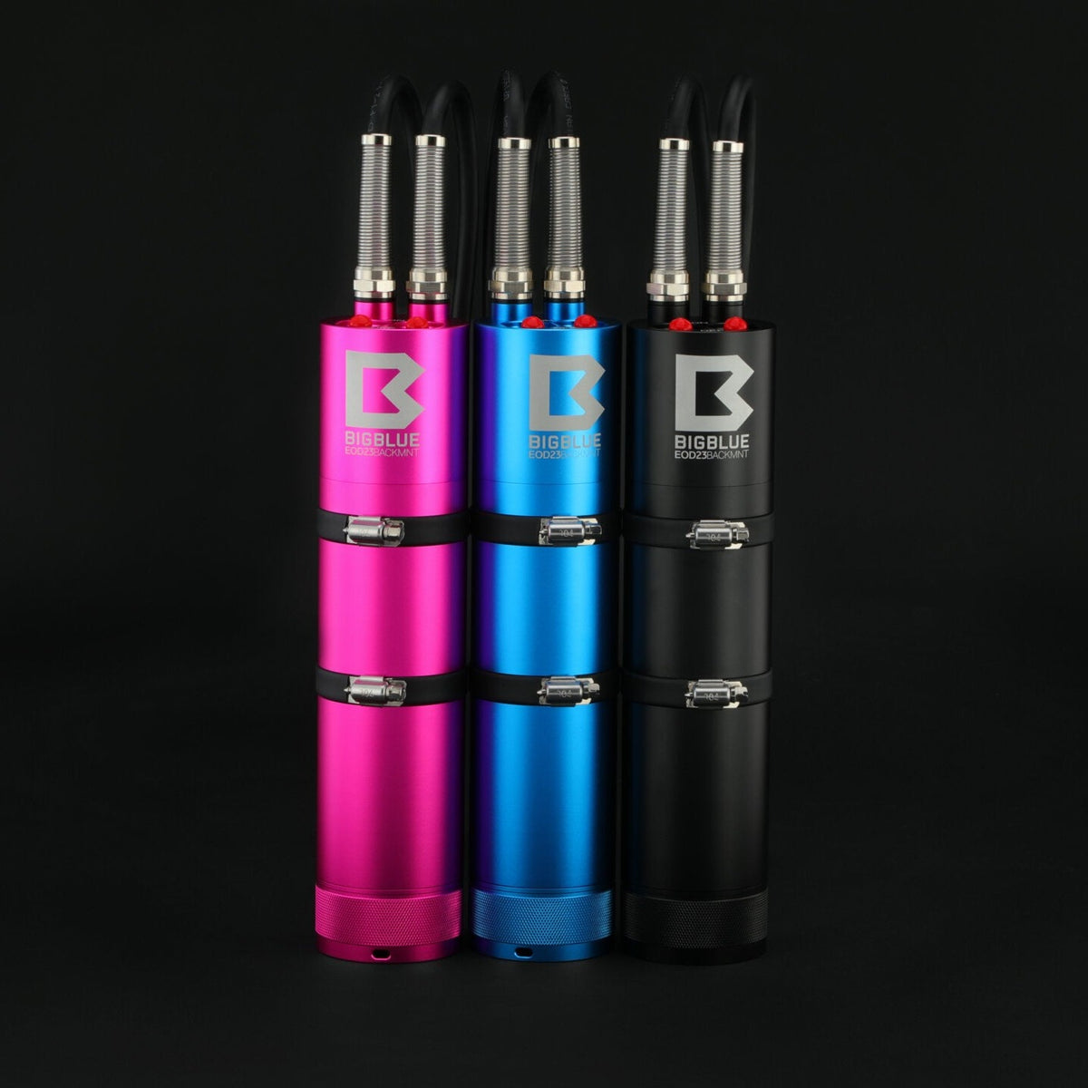 BigBlue EOD23 canister backmount in black, blue and pink