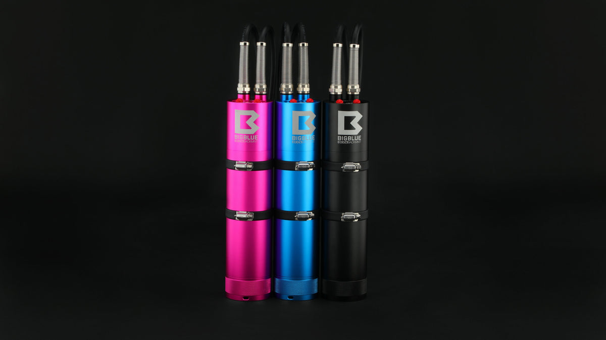 BigBlue EOD23 canister backmount in black, blue and pink
