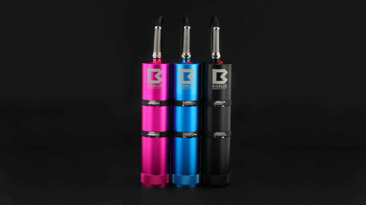BigBlue EOS23 canister backmount in black, blue and pink