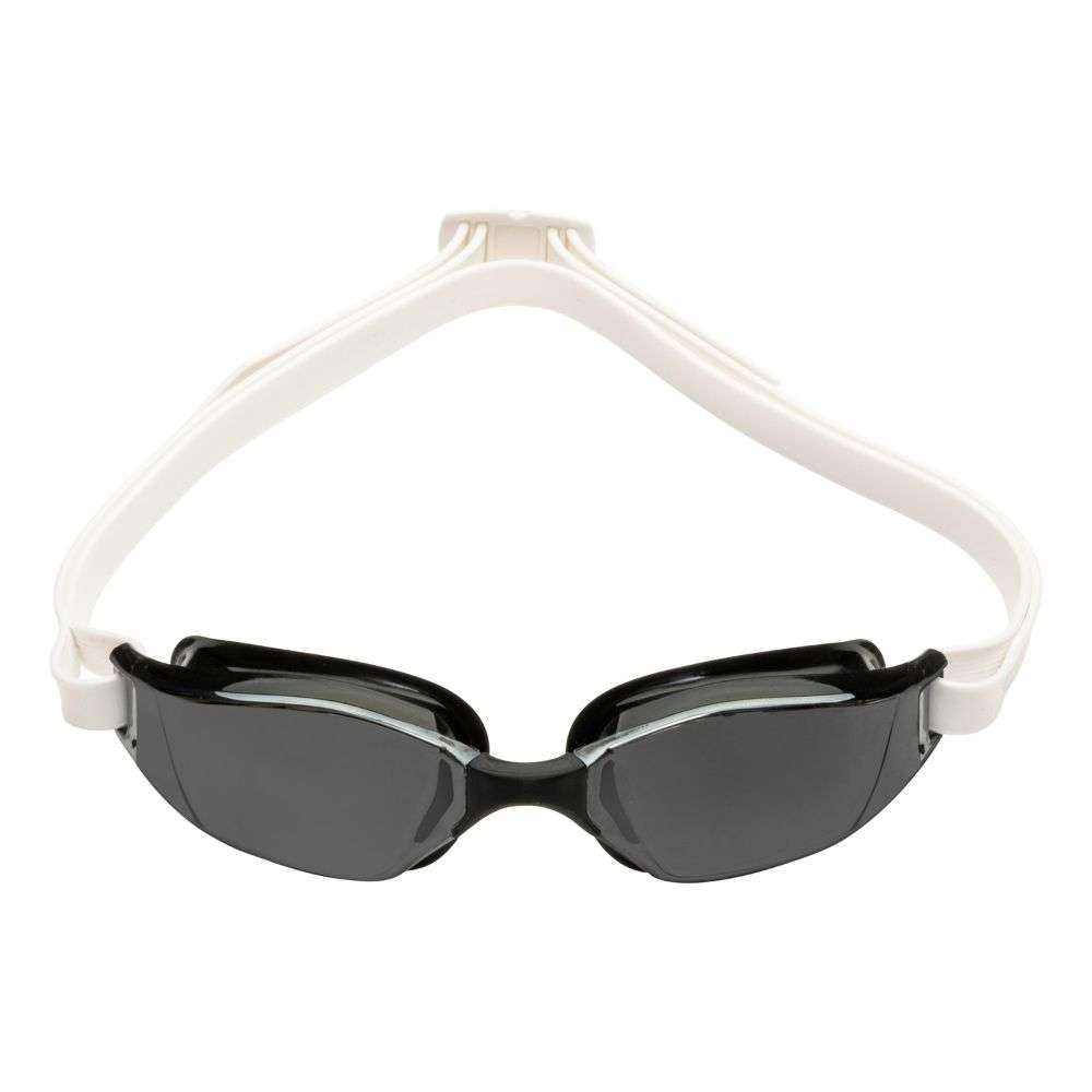 Aquasphere Xceed swim goggles with smoke lens and black and white frame, front view