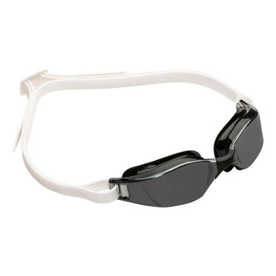 Aquasphere Xceed swim goggles with smoke lens and black and white frame, angled view