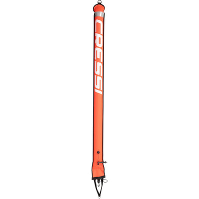 Orange Cressi Elite marker buoy standing upright with white branding down the tube