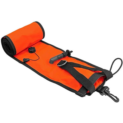 Elite marker buoy rolled flat with its webbing strap, oral inflation hose and clip