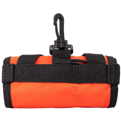 Orange marker buoy folded and clipped into its black webbing pouch