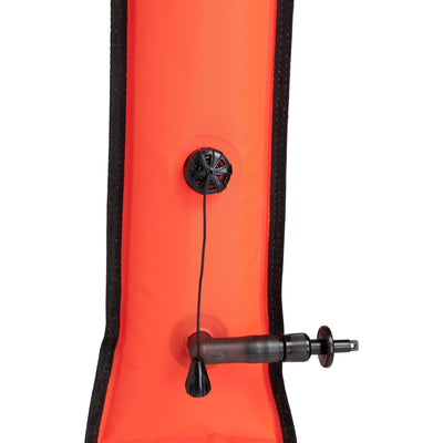 Close-up of the dump valve and oral inflation nozzle on the orange buoy