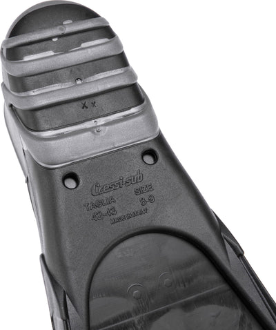 Underside of the Gara foot pocket showing the ribbed sole and moulded size markings