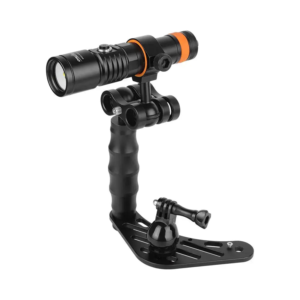 Two OrcaTorch D710V MK2 lights mounted on a camera tray with dual handles