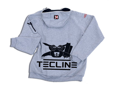 Back of the grey Tecline Diver jumper with a large diver-mask graphic and TECLINE wordmark