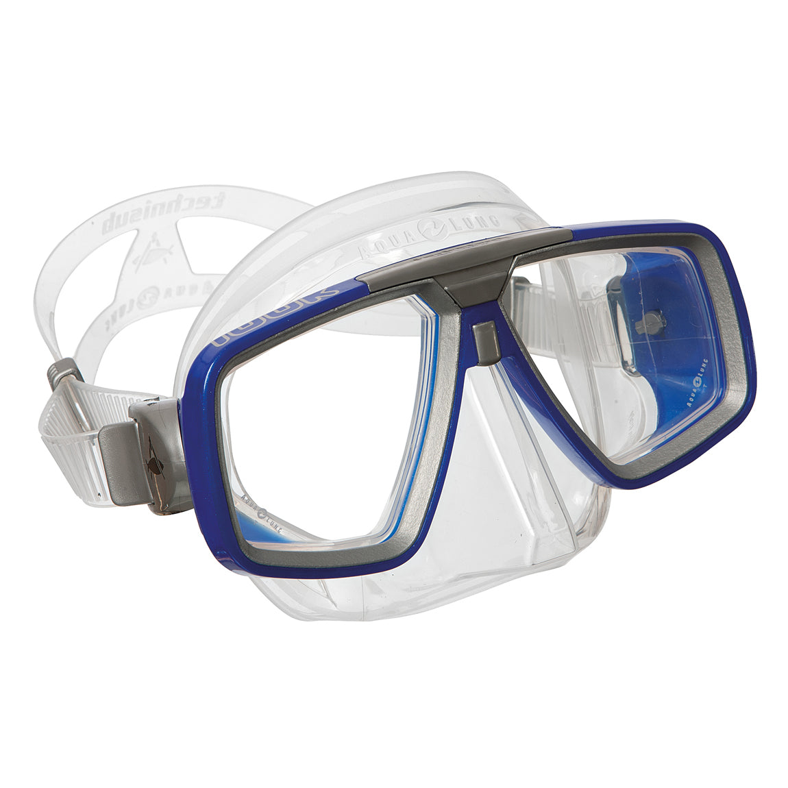 Aqua Lung Look twin lens dive mask with a blue frame and clear skirt, three-quarter view showing both lenses and the buckle