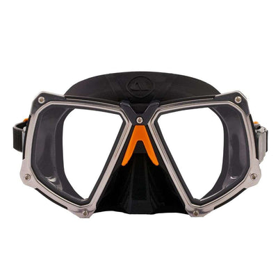 Apeks VX2 dive mask with black silicone skirt and stainless steel frame, front view
