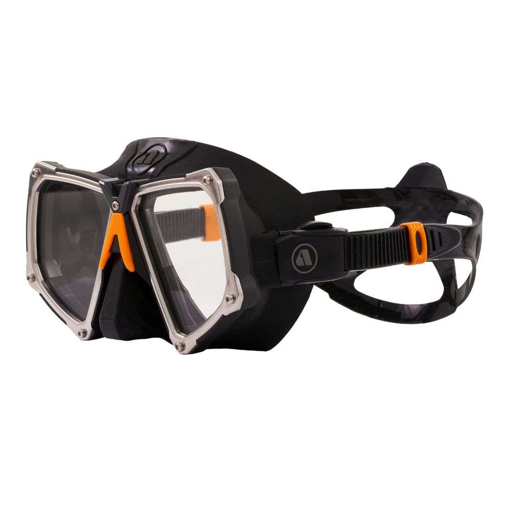 Apeks VX2 dive mask shown at an angle showing the frame and buckles