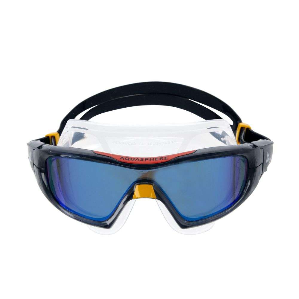 Aquasphere Vista Pro swim mask with indigo mirrored lens and dark grey frame with orange accents, front view