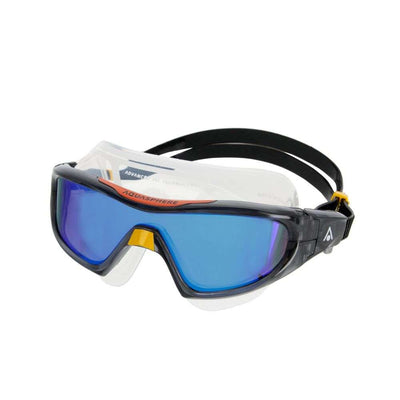 Aquasphere Vista Pro swim mask with indigo mirrored lens and dark grey frame, angled view