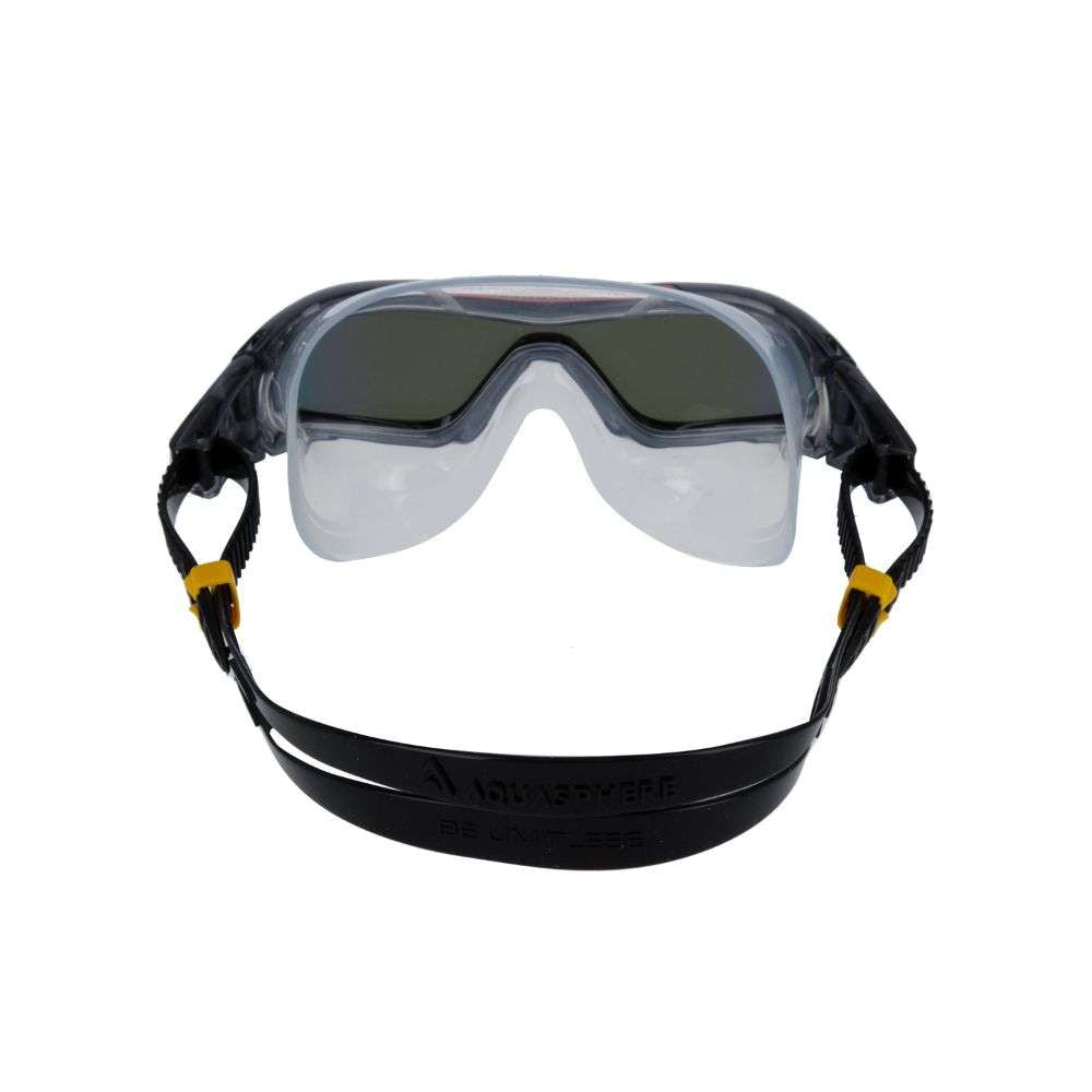 Aquasphere Vista Pro swim mask with indigo mirrored lens, view from behind showing the black strap