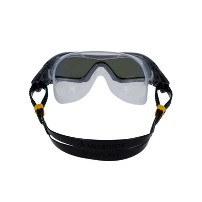 Aquasphere Vista Pro swim mask with indigo mirrored lens, view from behind showing the black strap
