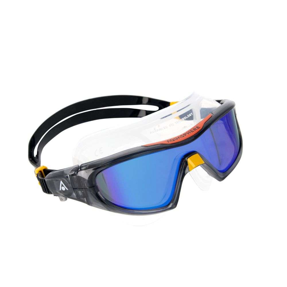 Aquasphere Vista Pro swim mask with indigo mirrored lens and dark grey frame, side view