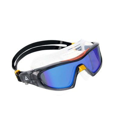 Aquasphere Vista Pro swim mask with indigo mirrored lens and dark grey frame, side view