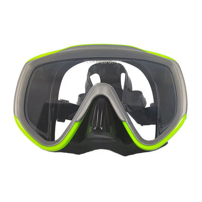 Scubatech Vision II mask, front view, black skirt and grey frame with yellow edge