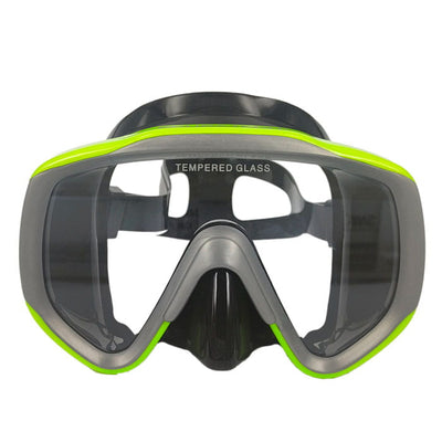 Scubatech Vision II mask with yellow edge seen from the front, single tempered glass window