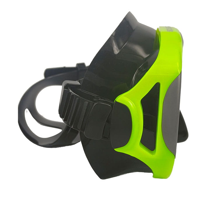 Scubatech Vision II mask, front view, black skirt and grey frame with yellow edge