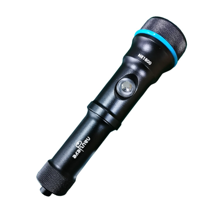 Nautieye NE1800 dive light in black lying on its side, lens and button visible
