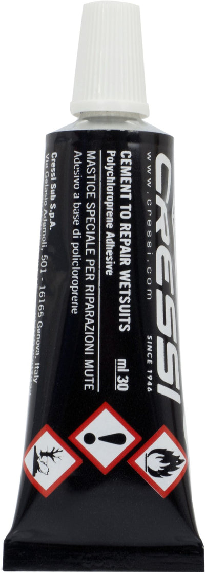 Black 30 ml tube of Cressi neoprene cement for repairing wetsuits, standing upright