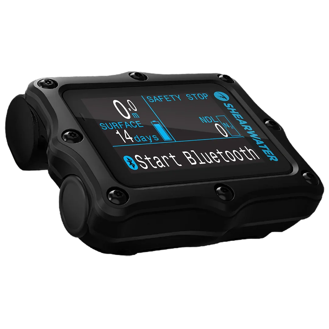 Shearwater Perdix 2 Ti with black titanium bezel, angled view on the Bluetooth sync screen