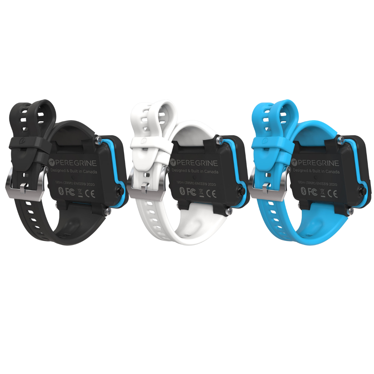 Shearwater Peregrine strap kits in black, white and ocean blue fitted to computers