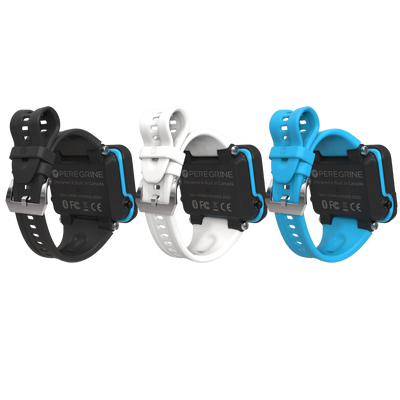 Shearwater Peregrine strap kits in black, white and ocean blue fitted to computers