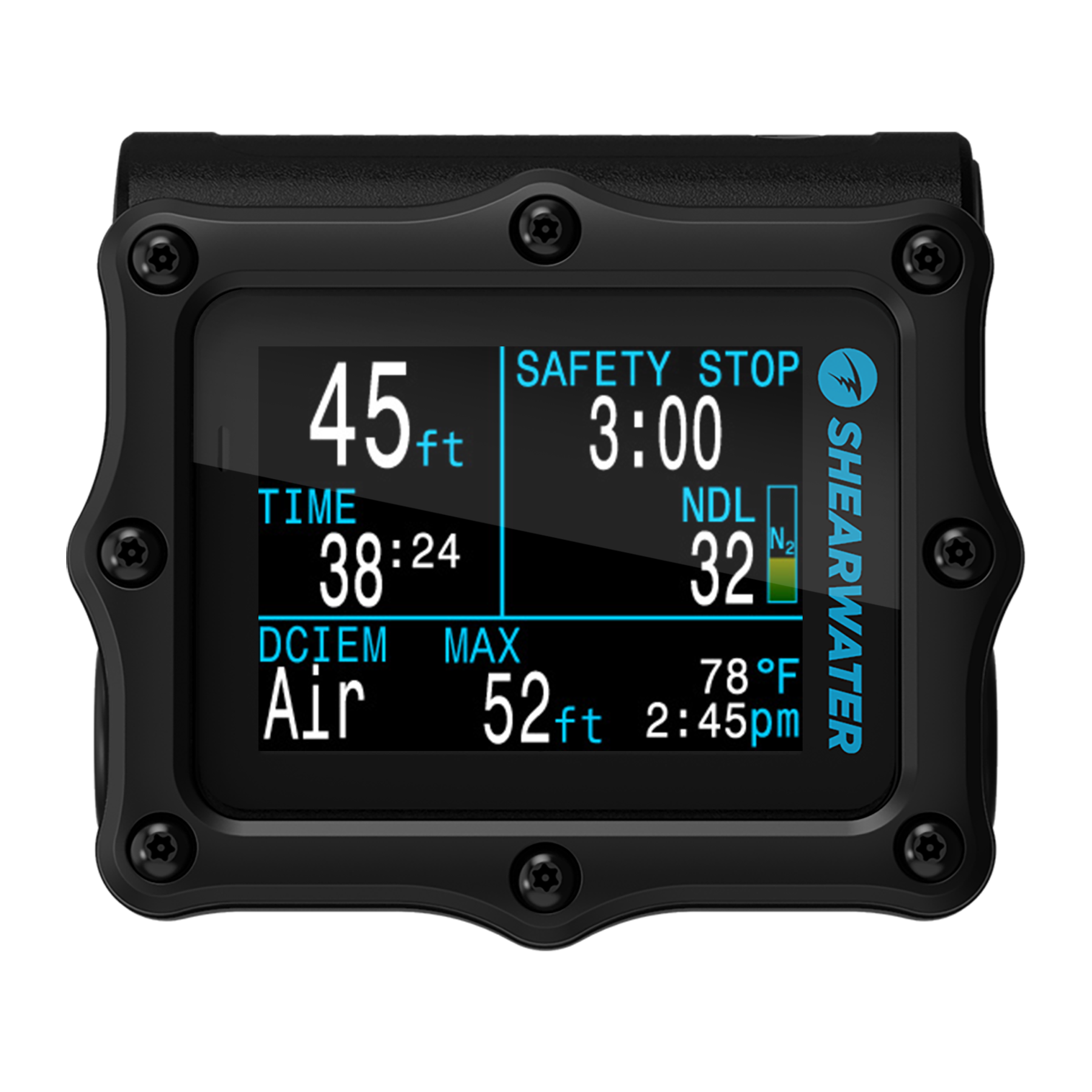 Shearwater Perdix 2 in black showing DCIEM mode on the display